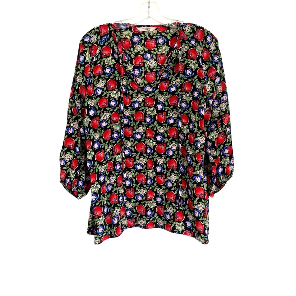 Tucker Floral Tie Front Silk‎ 3/4 Sleeve Blouse Medium